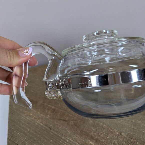 Vintage Pyrex Flameware Glass Teapot 6 Cup 7756 Heat Proof Blue Tint USA Made - Picture 6 of 11